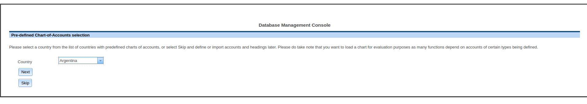 Chart of account selection (step 1: country)