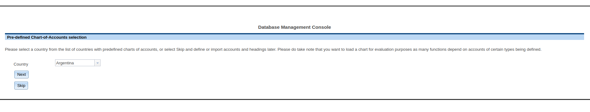 Chart of account selection (step 1: country)