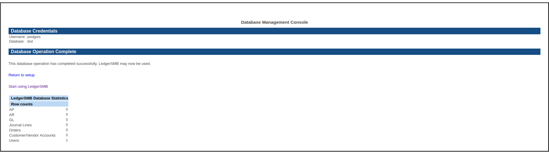 Confirmation of database creation (completed)