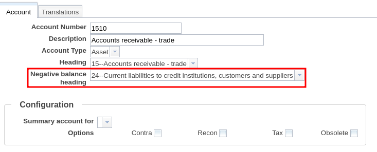 Negative balance heading configuration