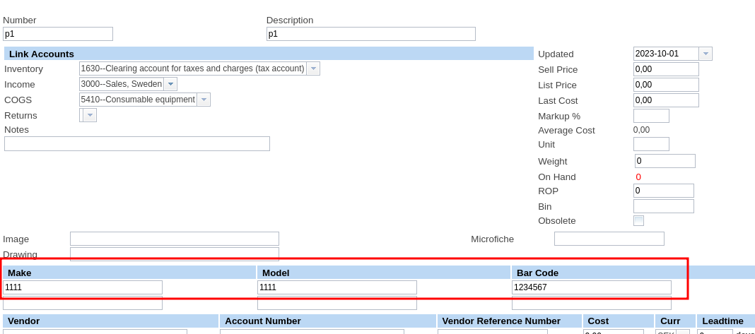 Barcodes on the parts configuration screen