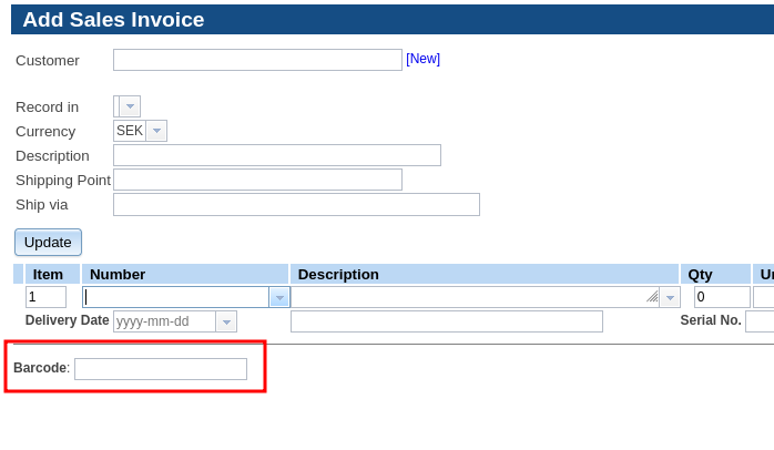 Invoice barcode entry