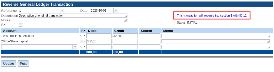 Transaction reversal tracking on the GL screen