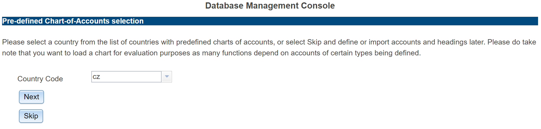 Select chart of accounts (pre-selection: country)