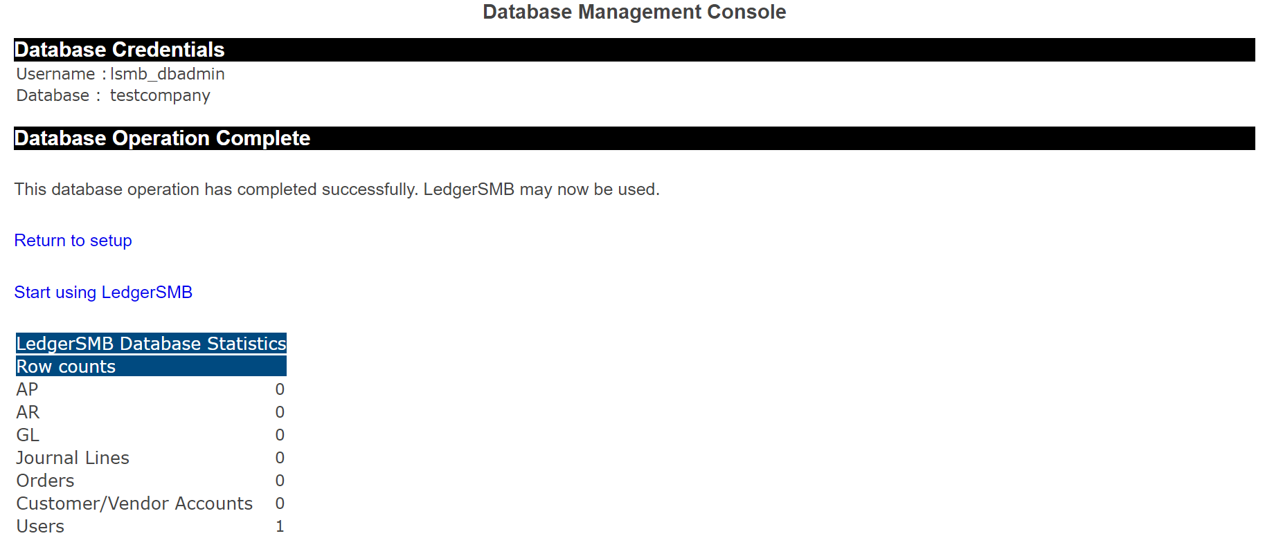 Confirmation of database creation (completed)