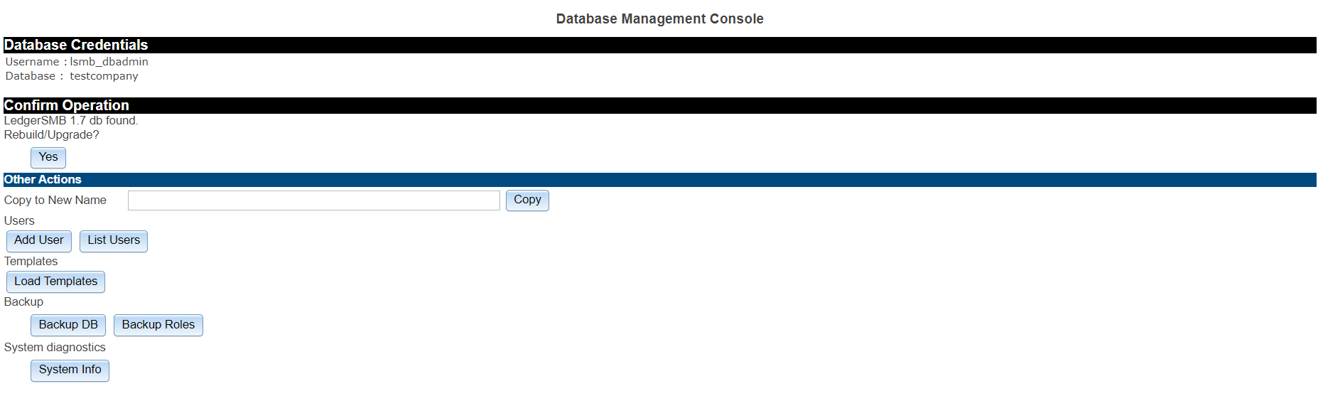 Database management console (setup.pl)